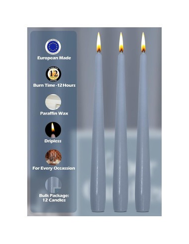 Velas Taper Altas Hyoola 35.56 cm Gris Azul Sin Aroma - 12 Unidades