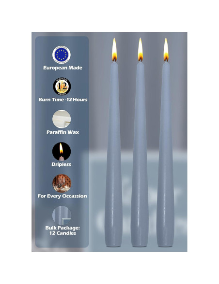 Velas Taper Altas Hyoola 35.56 cm Gris Azul Sin Aroma - 12 Unidades