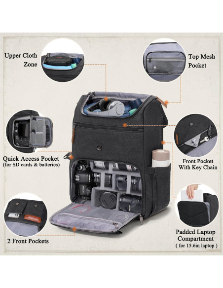 Mochila para cámara RAINSMORE negra para DSLR y portátil 15.6"