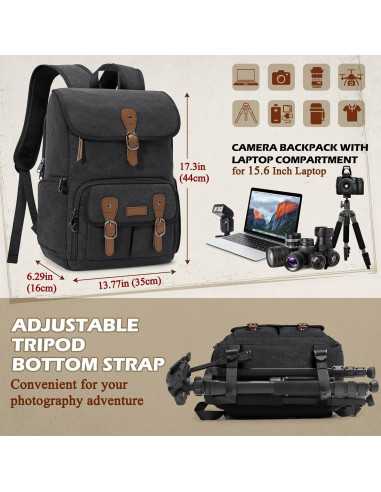 Mochila para cámara RAINSMORE negra para DSLR y portátil 15.6"