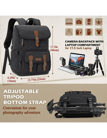 Mochila para cámara RAINSMORE negra para DSLR y portátil 15.6"