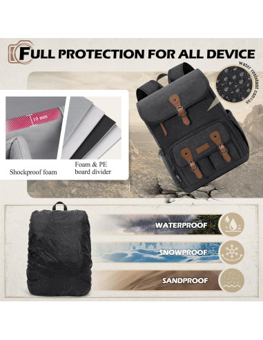 Mochila para cámara RAINSMORE negra para DSLR y portátil 15.6"