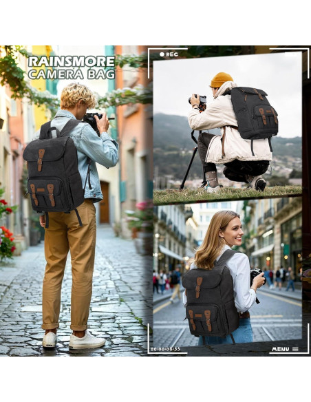 Mochila para cámara RAINSMORE negra para DSLR y portátil 15.6"