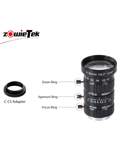 Lente Zoom 5-50mm 12MP C-Mount Zowietek para Raspberry Pi HQ