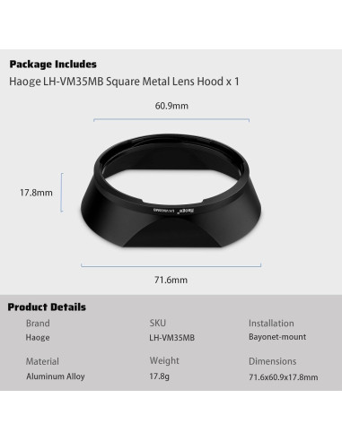 Capucha de lente cuadrada Haoge LH-VM35MB para Voigtlander 35mm 40mm 50mm