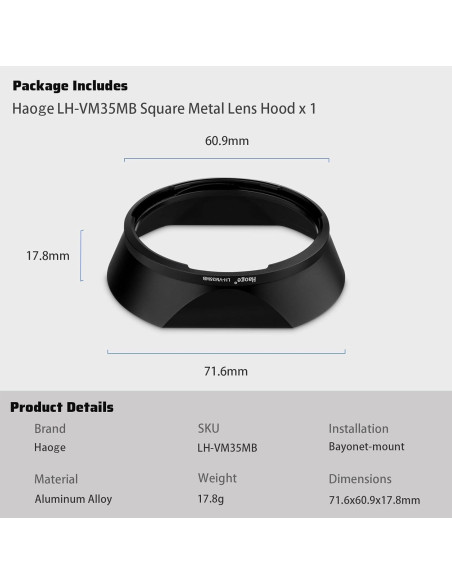 Capucha de lente cuadrada Haoge LH-VM35MB para Voigtlander 35mm 40mm 50mm