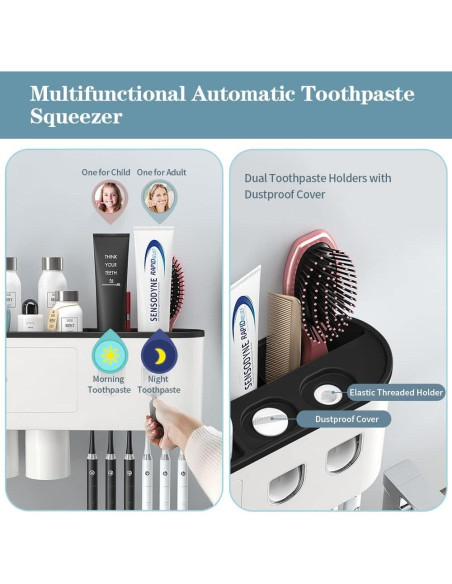 Dispensador Automático de Pasta de Dientes BHeadCat 3 Tazas Negro