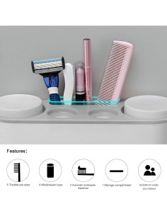 Soporte para Cepillos de Dientes Leseyaton Gris y Blanco 5 Espacios 2