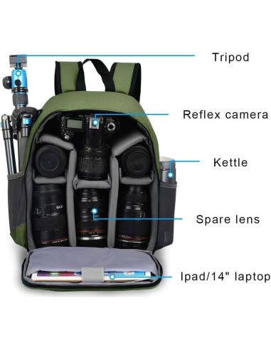 Mochila CADeN Profesional para Cámara DSLR/SLR Verde Impermeable
