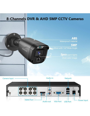 Sistema de Cámara de Seguridad OOSSXX 5MP Full HD IP67