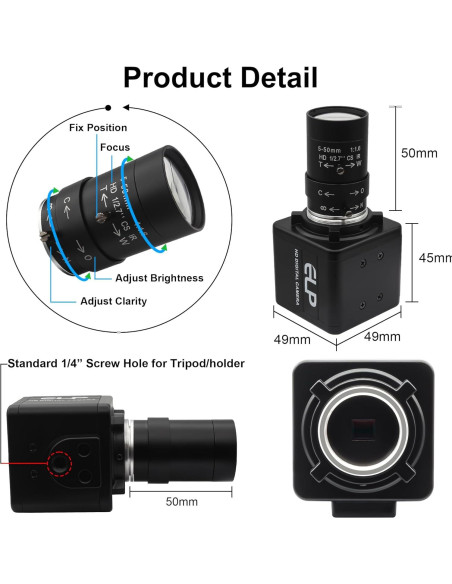 Cámara USB 16MP IFWATER con Lente Varifocal 5-50mm