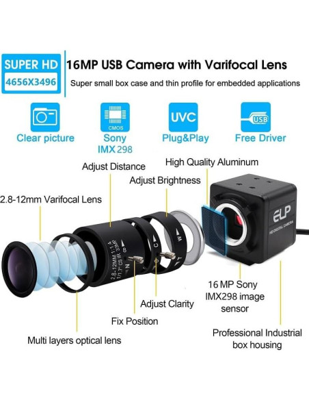 Cámara USB 16MP IFWATER con Lente Varifocal 5-50mm