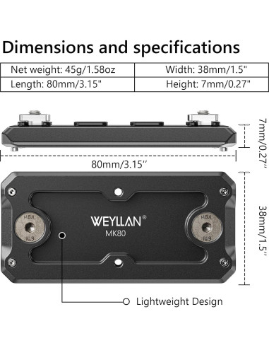 Adaptador Bipode WEYLLAN Mlok Arca Rail MK80 Aluminio 80mm