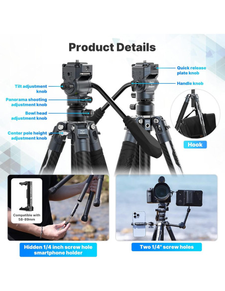 Trípode de Viaje ULANZI F38 Fibra de Carbono 1.08kg 61.4"