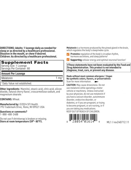 Tabletas de Melatonina 1 mg Klaire Labs - 60 Unidades Sabor Cereza