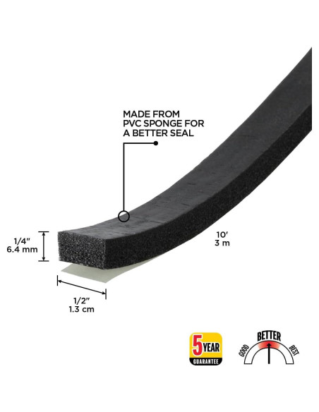Sello de Ventana de Esponja M-D 1/4" x 1/2" x 3.05 m Negro