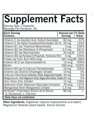 Multivitamínico Diario Kirkman Sin A y D - 180 Cápsulas - Hipoalergénico