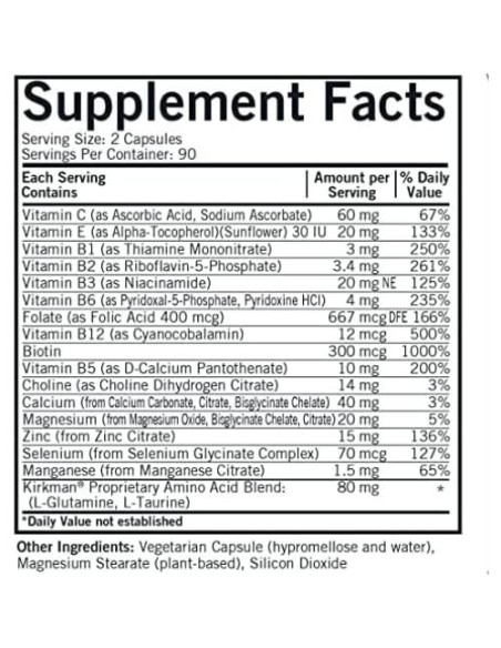 Multivitamínico Diario Kirkman Sin A y D - 180 Cápsulas - Hipoalergénico