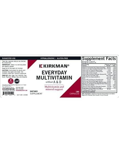 Multivitamínico Diario Kirkman Sin A y D - 180 Cápsulas - Hipoalergénico