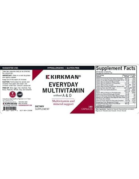 Multivitamínico Diario Kirkman Sin A y D - 180 Cápsulas - Hipoalergénico