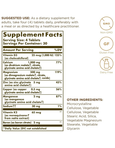 Solgar Complejo Avanzado de Calcio 120 Tabletas - Zinc, D3, K2