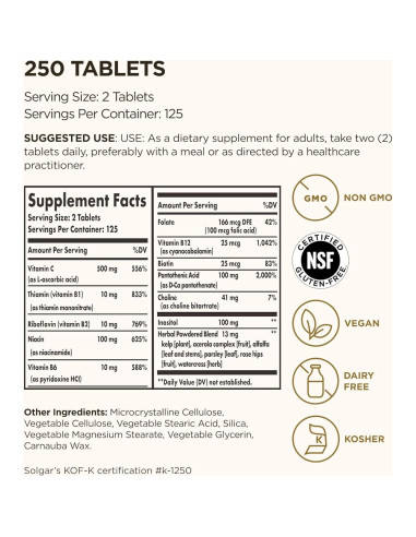 Solgar B-Complejo con Vitamina C 250 Tabletas - Energía y Estrés