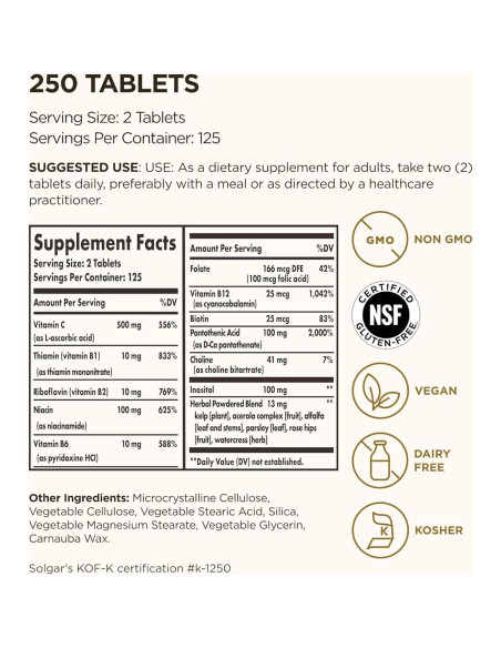 Solgar B-Complejo con Vitamina C 250 Tabletas - Energía y Estrés