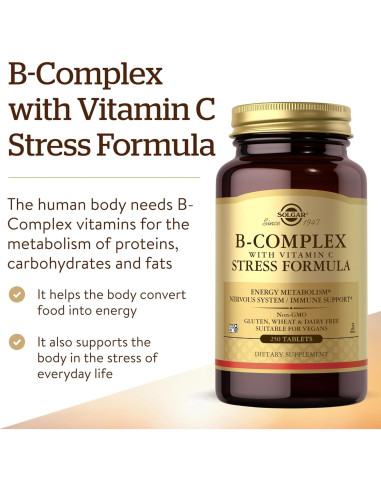 Solgar B-Complejo con Vitamina C 250 Tabletas - Energía y Estrés