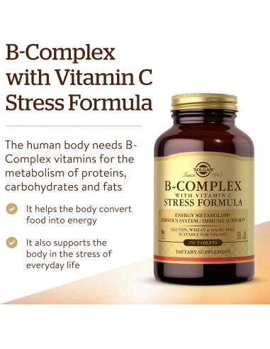 Solgar B-Complejo con Vitamina C 250 Tabletas - Energía y Estrés