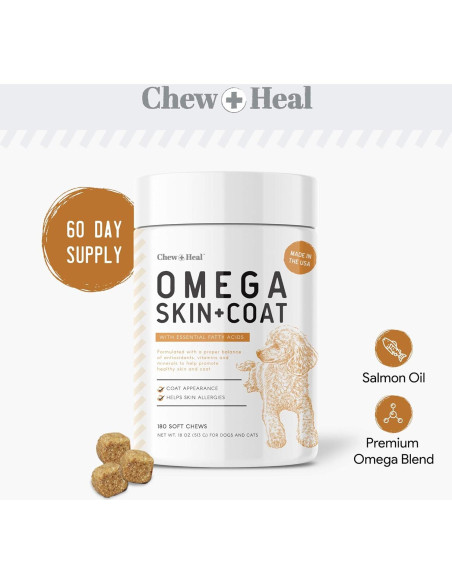 Suplemento de Aceite de Salmón para Perros Chew + Heal 180 Masticables