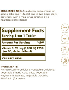 Vitamina D3 Solgar 25 mcg 90 Tabletas Sin Gluten Kosher 2