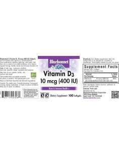Suplemento de Vitamina D3 400 UI Bluebonnet 100 Cápsulas 2