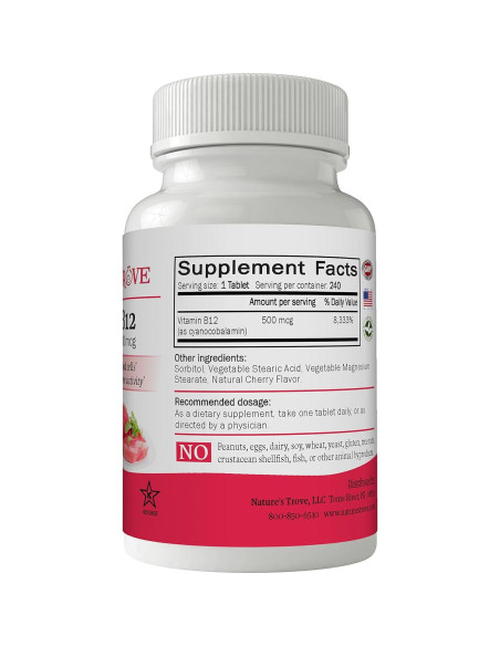 Vitamina B12 500 mcg Nature's Trove - 240 Tabletas Masticables Cereza