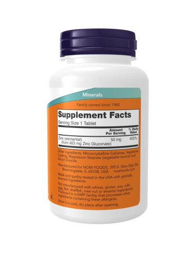 Tabletas de Zinc Gluconato 405mg NOW Foods, 250 Unidades