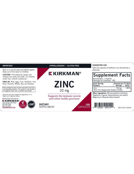 Kirkman Zinc 20mg 100 Cápsulas Hipoalergénicas Alta Absorción