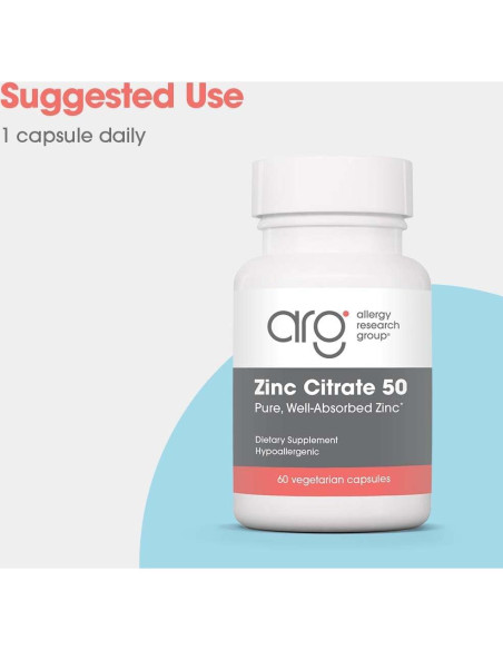 Citrato de Zinc Allergy Research Group 50mg - 60 Cápsulas