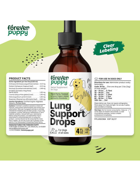 Gotas de Soporte Pulmonar para Perros Forever Puppy 118 ml