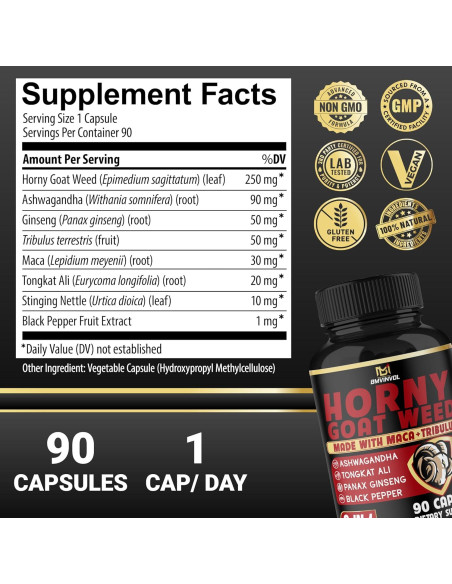 Cápsulas Veganas de Hierba de Cabra Horny BMVINVOL - 90 Unidades