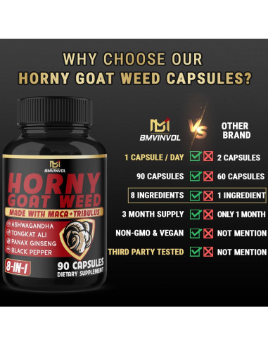 Cápsulas Veganas de Hierba de Cabra Horny BMVINVOL - 90 Unidades