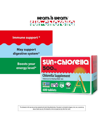Sun Chlorella 500mg Suplemento de Algas Verdes 600 Tabletas