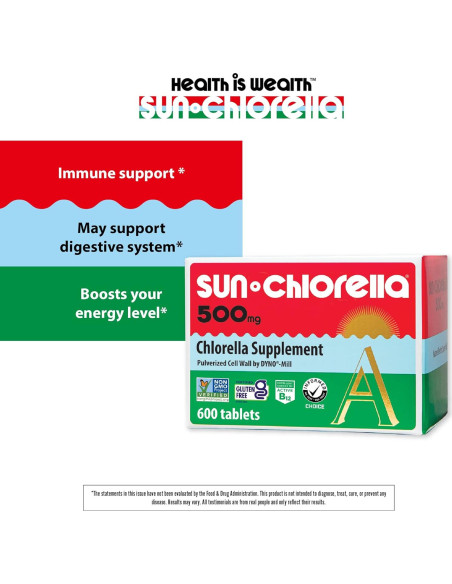 Sun Chlorella 500mg Suplemento de Algas Verdes 600 Tabletas
