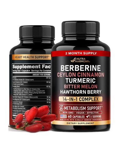 Suplemento Vegano 14 en 1 Nutra Harmony - Berberina, Canela, Vinagre, 60 Cápsulas