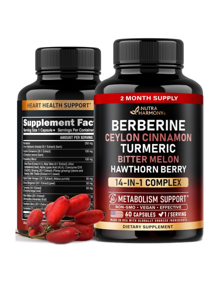 Suplemento Vegano 14 en 1 Nutra Harmony - Berberina, Canela, Vinagre, 60 Cápsulas