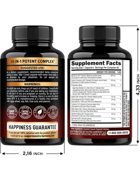 Suplemento Vegano 14 en 1 Nutra Harmony - Berberina, Canela, Vinagre, 60 Cápsulas