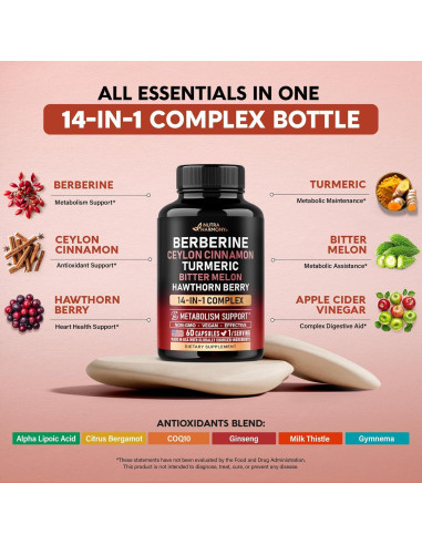 Suplemento Vegano 14 en 1 Nutra Harmony - Berberina, Canela, Vinagre, 60 Cápsulas