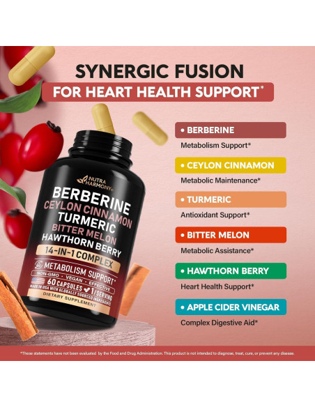 Suplemento Vegano 14 en 1 Nutra Harmony - Berberina, Canela, Vinagre, 60 Cápsulas