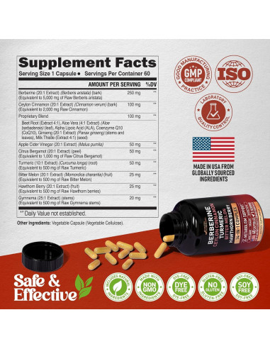 Suplemento Vegano 14 en 1 Nutra Harmony - Berberina, Canela, Vinagre, 60 Cápsulas