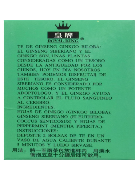 Té de Ginseng y Ginkgo Biloba Royal King - 20 Bolsas