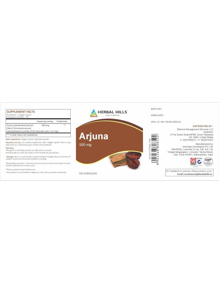 Cápsulas de Arjuna Herbal Hills 120 unidades 500 mg Suplemento