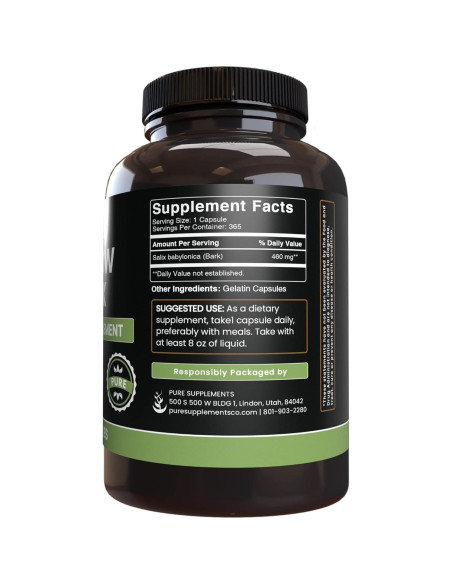 Cápsulas de Extracto de Corteza de Sauce Pure Original 365 Unidades